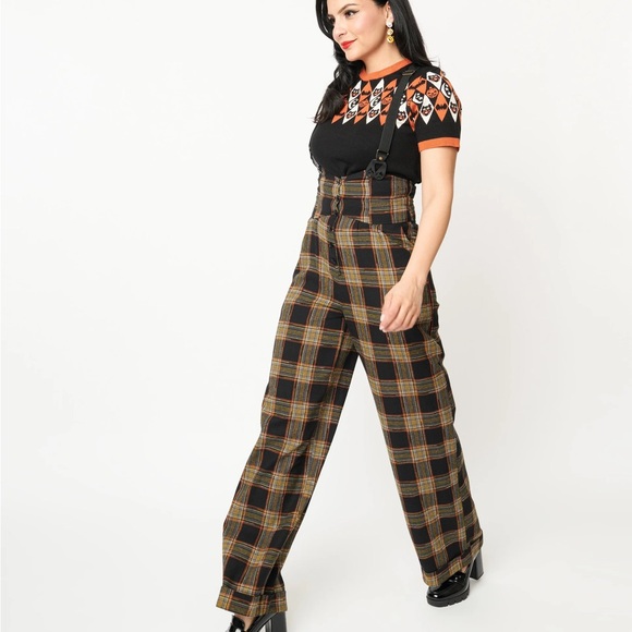 Unique Vintage Pants - Unique Vintage Black and Brown Plaid Wide Leg Pants
